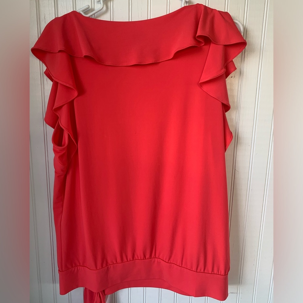 Rafaella (Large) Coral Collared w/flutter sleeves w/band & tie at bottom hem; - Picture 3 of 4